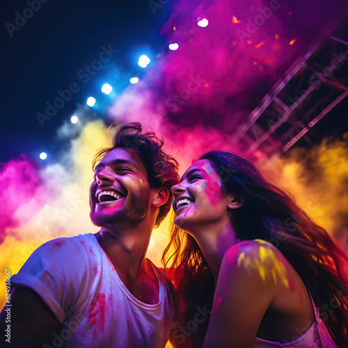 A young Caucasian couple smiles at a festival of colours , having super fun 