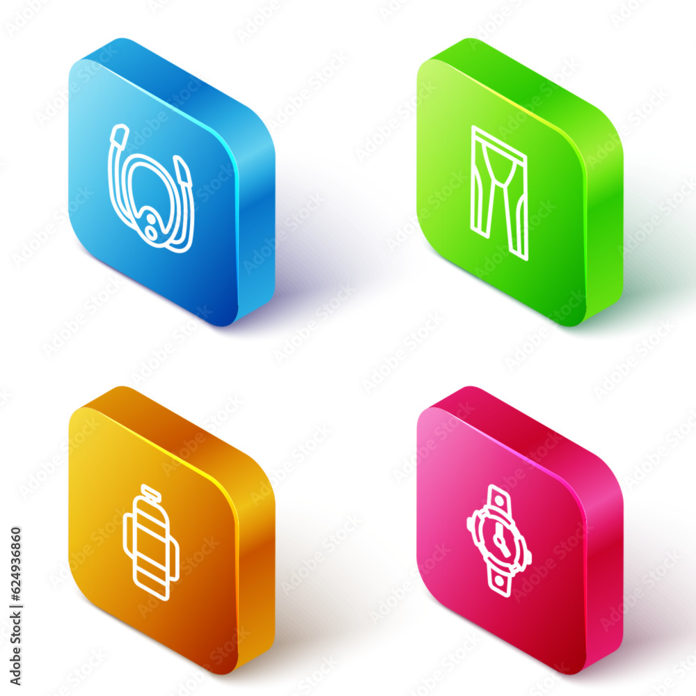 Set Isometric line Diving mask with snorkel, Wetsuit for scuba diving, Aqualung and watch icon. Vector Set Isometric line Diving mask with snorkel, Wetsuit for scuba diving, Aqualung and watch icon. Vector