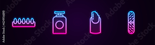 Set line False nails, Tube of hand cream, Broken and Nail file. Glowing neon icon. Vector