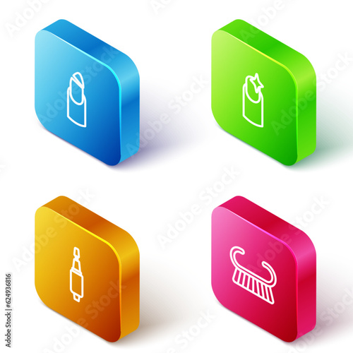 Set Isometric line Broken nail, Nail manicure, Milling cutter for and Pedicure brush grater icon. Vector