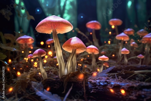 close-up of glowing mushrooms on forest floor  created with generative ai