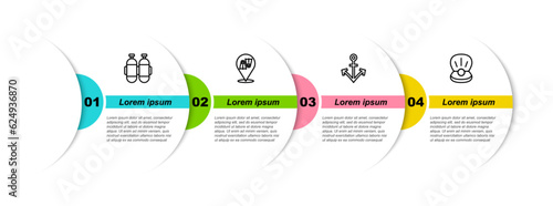 Set line Aqualung, Flippers for swimming, Anchor and Pearl. Business infographic template. Vector