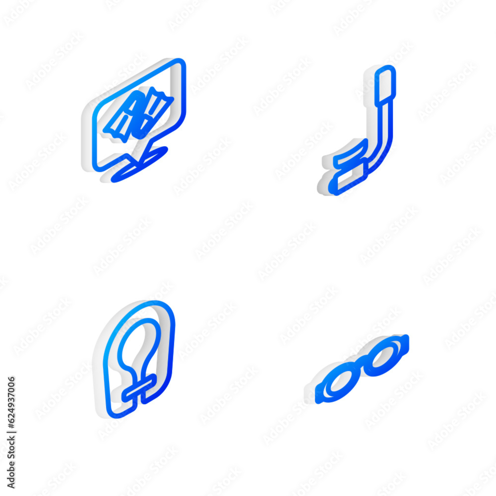 Set Isometric line Snorkel, Flippers for swimming, Life jacket and Glasses icon. Vector Set Isometric line Snorkel, Flippers for swimming, Life jacket and Glasses icon. Vector