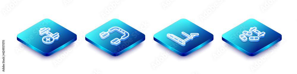 Set Isometric line Dumbbell, Headphones, Treadmill machine and Sports doping with dumbbell icon. Vector Set Isometric line Dumbbell, Headphones, Treadmill machine and Sports doping with dumbbell icon. Vector