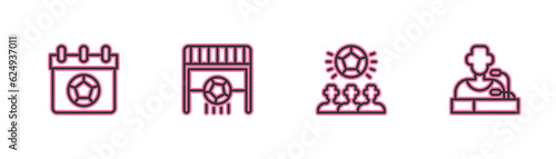 Set line Football or soccer calendar, Soccer football, goal with and player press conference icon. Vector