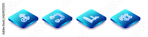 Set Isometric line Dumbbell, Headphones, Treadmill machine and Sports doping with dumbbell icon. Vector