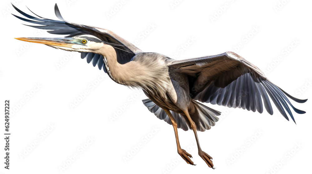Obraz premium a Great Blue Heron in-flight, 3/4 view, in an isolated and transparent PNG in a Nature-themed, photorealistic illustration. Generative ai
