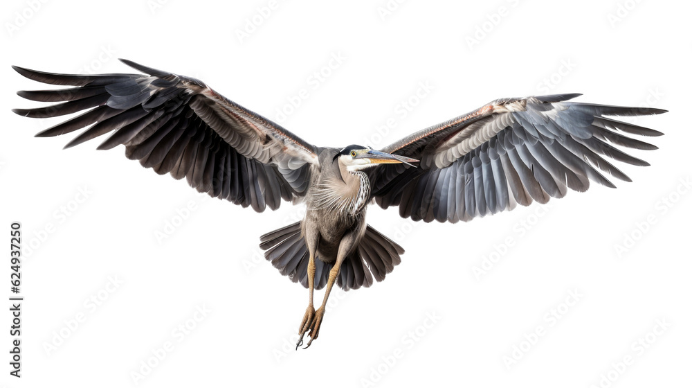 Fototapeta premium a Great Blue Heron in-flight, 3/4 view, in an isolated and transparent PNG in a Nature-themed, photorealistic illustration. Generative ai