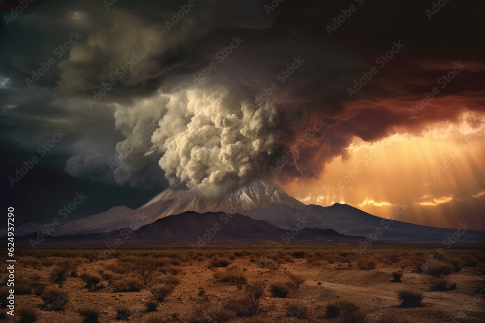 wide-angle view of volcanic eruption with stormy sky, created with generative ai