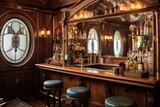 elegant vintage train bar area with polished wood and glassware, created with generative ai