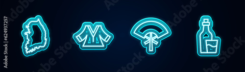 Set line South Korea map, Kimono, Traditional fan and Soju bottle. Glowing neon icon. Vector