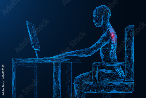 An office worker with spinal pain. Polygonal design of interconnected lines and points. Blue background.