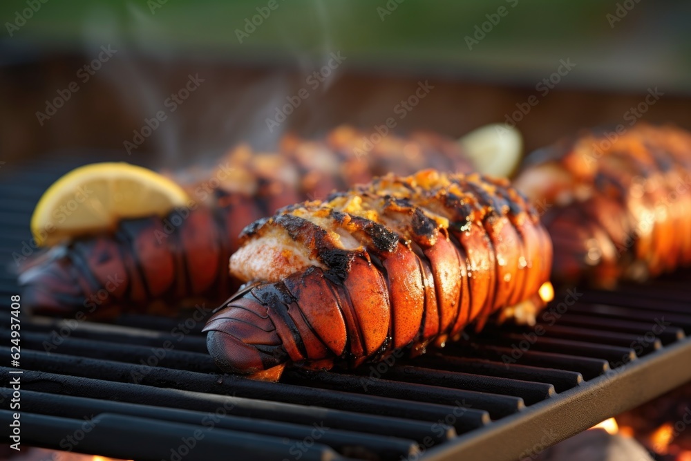 grilled lobster tails on a beachside grill, created with generative ai - obrazy, fototapety, plakaty 