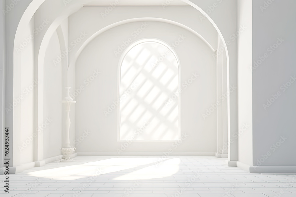 Fototapeta premium Minimalistic Empty Sunny White Interior with Big Bow Window