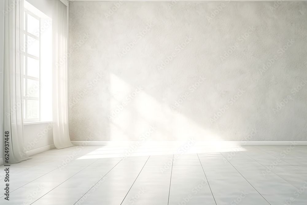 Fototapeta premium Minimalistic Empty Sunny White Interior with Window and Curtains. Bright Warm Tones, Advertising Mock Up.