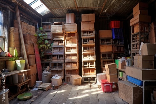 stack of pallets and cardboard boxes in storage area, created with generative ai