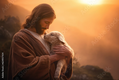 Shepherd Jesus Christ Taking Care of One Missing Lamb. Warm Toned Soft Picture photo
