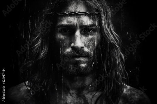 Jesus Christ in Crown of Thorns Portrait in Rain. Black and White Grunge Old Picture Grain