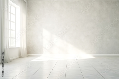 Minimalistic Empty Sunny White Interior with Window and Curtains. Bright Warm Tones, Advertising Mock Up.