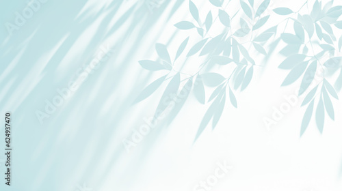 Abstract Turquoise Shadow Background of Leaves on White Sunny Wall. Elegant Neutral Nature Background. Space for Text.