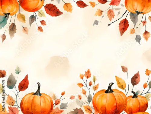 Pumpkins and autumn leaves background watercolor style. Generated by AI