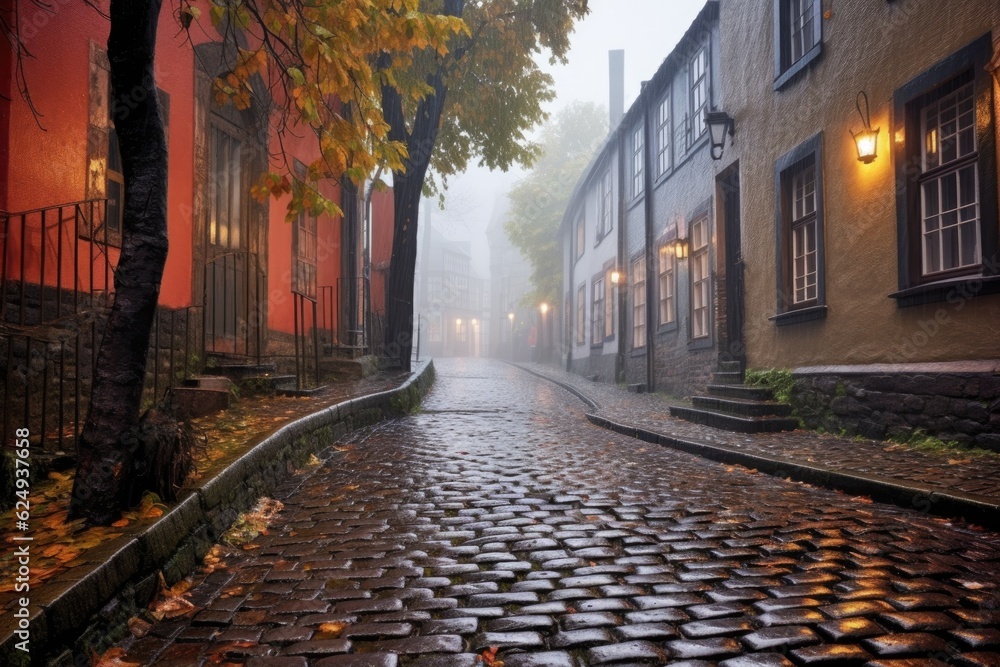 Fototapeta premium rainy day on a glistening cobblestone path, created with generative ai