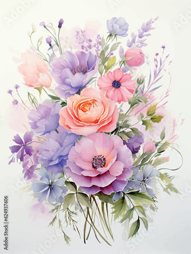 Hand drawn watercolor bouquet of flowers in pastel colors Postcard design Generative ai