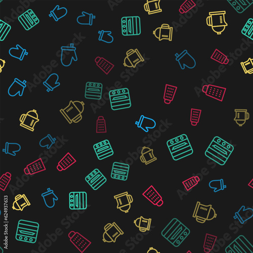 Set line Oven glove, French press and Grater on seamless pattern. Vector