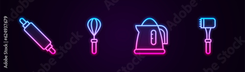 Set line Rolling pin, Kitchen whisk, Electric kettle and hammer. Glowing neon icon. Vector