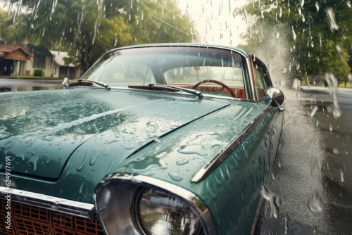 water splashing on old cars windshield, created with generative ai