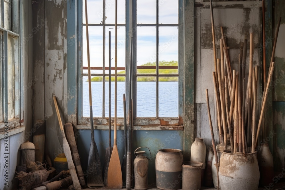 oars framed by a weathered window in a coastal shack, created with generative ai oars framed by a weathered window in a coastal shack, created with generative ai
