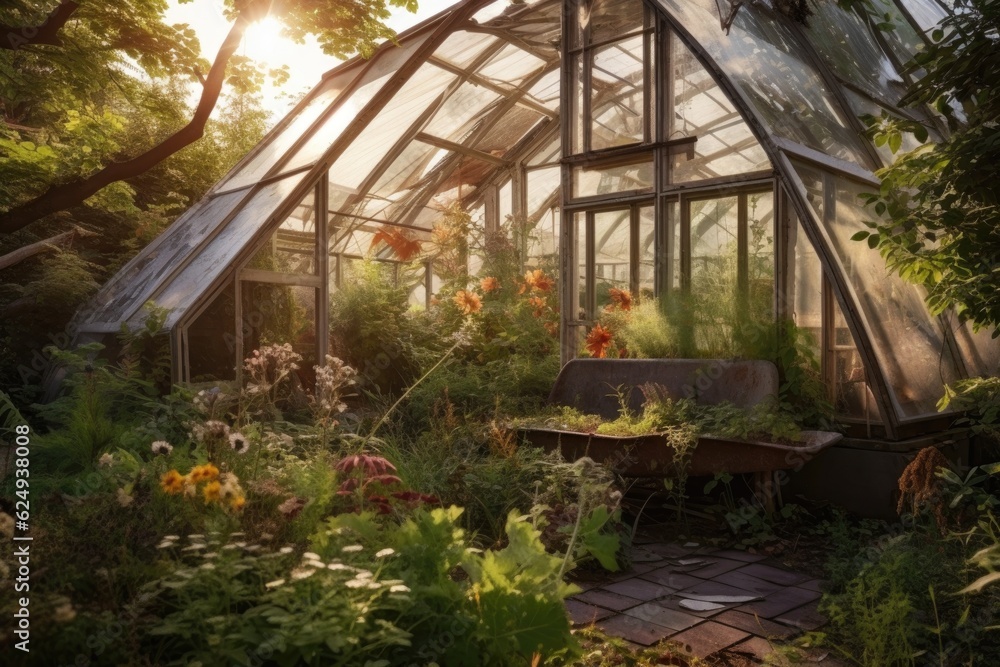 wind-toppled greenhouse in a beautiful garden setting, created with generative ai
