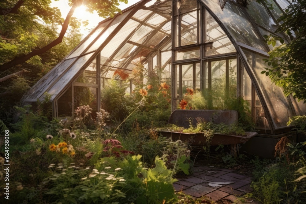 wind-toppled greenhouse in a beautiful garden setting, created with generative ai wind-toppled greenhouse in a beautiful garden setting, created with generative ai