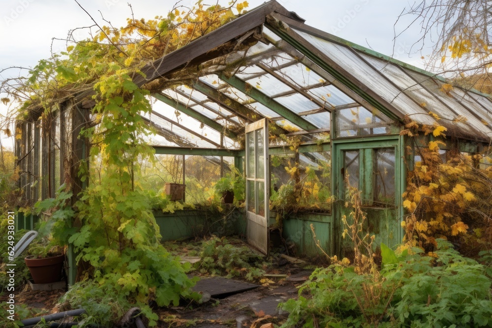 greenhouse roof torn apart by strong wind gusts, created with generative ai