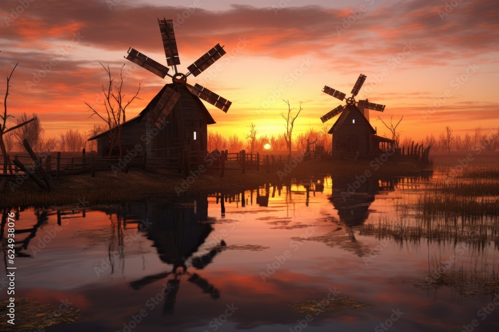windmill farm at sunset during maintenance period, created with generative ai