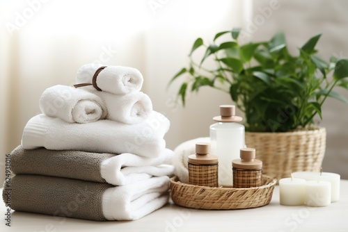 Towels with herbal bags and beauty treatment items setting in spa center in white room   Generative AI
