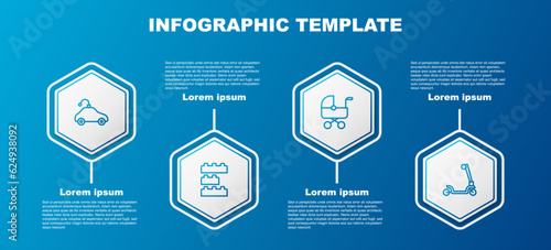 Set line Radio controlled car toy, Toy building block bricks, Baby stroller and Roller scooter. Business infographic template. Vector