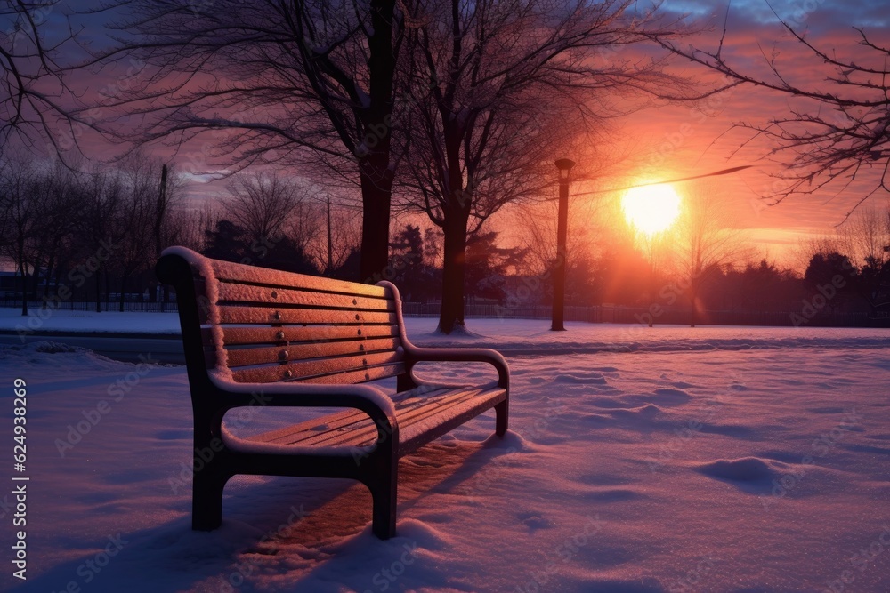 snow-covered park bench facing the rising sun, created with generative ai