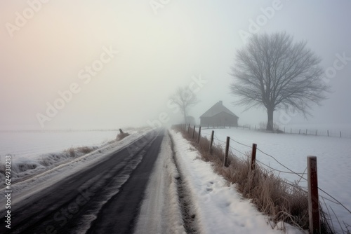 snowy country road disappearing into the foggy horizon, created with generative ai © altitudevisual