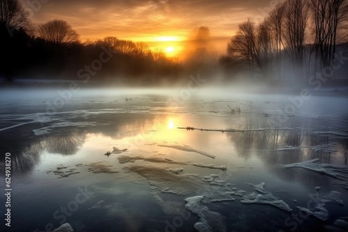 sunlight breaking through mist over a frozen lake, created with generative ai