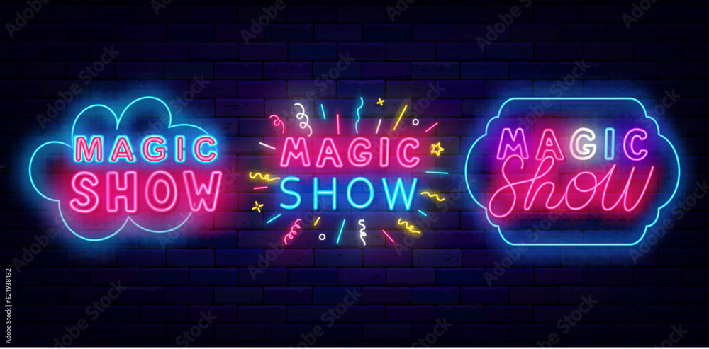 Magic show neon labels collection. Firework confetti. Handwritten text. Speech bubble border. Vector stock illustration