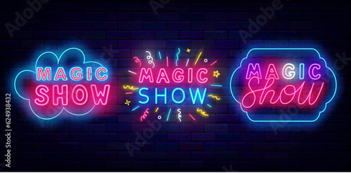 Magic show neon labels collection. Firework confetti. Handwritten text. Speech bubble border. Vector stock illustration
