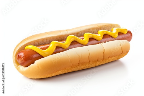 Juicy hot dog with mustard on a white background.