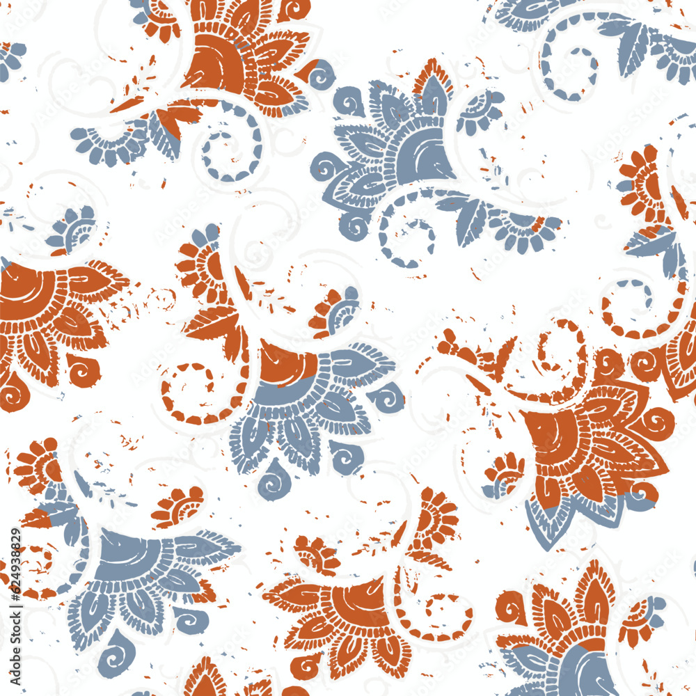 Fototapeta premium Vector seamless paisley print with flowers and grunge texture. Traditional Indian pattern style. folk pattern, ethnic folklore flowers, watercolor