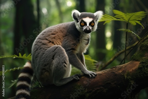 Ring-tailed lemur in rainforest of Madagascar.