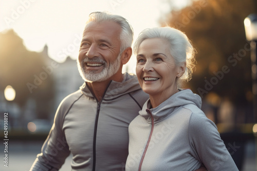 Energetic elderly couple in sportswear smiling walking outdoors. Wellness, retirement. Generative AI