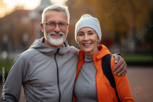 Smiling mature couple in sports clothing cuddle, walking in park. Age and wellness. Generative AI © VK Studio