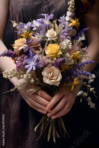 Beautiful bouquet of garden and wild flowers held in the hands of a young woman. Vintage style photo of floral arrangement. 