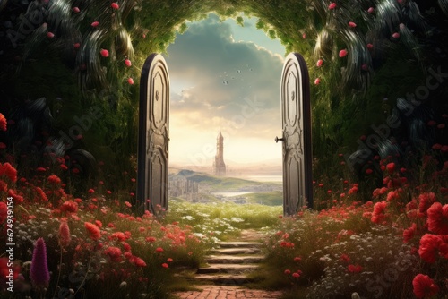 An open door stands in a green poppy field landscape.