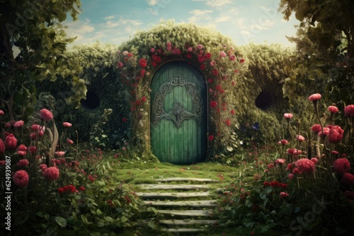 A closed door stands in a green poppy field landscape.